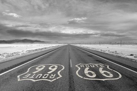 Route 66 with Desert Storm Clouds in Black and White Stock Photos