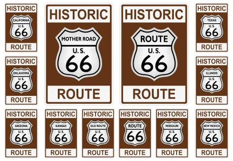 Route 66 traffic sign vector with historic text from USA on isolated white back. Stock Illustration