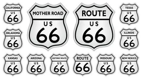 Route 66 traffic sign vector set from USA on isolated white background. Stock Illustration