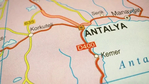 Route to antalya, turkey – gliding camera over atlas map Stock Footage 345384703