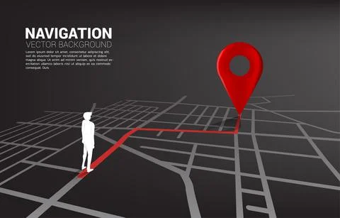 Route between 3D location pin markers and businessman on city road map. Conce Stock Illustration