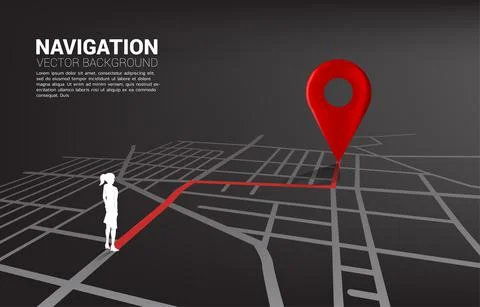 Route between 3D location pin markers and businesswoman on city road map. Con Illustrazione stock