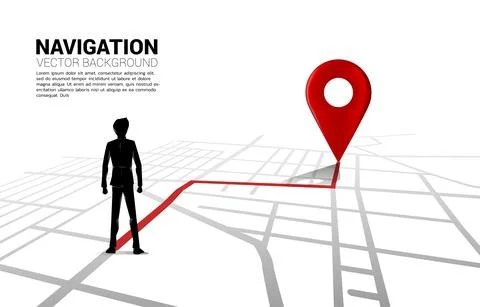 Route between 3D location pin markers and businessman on city road map. Conce Stock Illustration