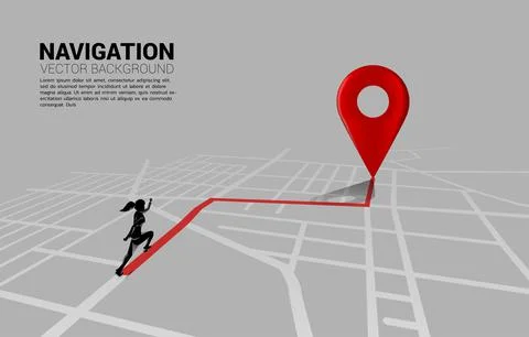 Route between 3D location pin markers and businesswoman on city road map. Con Stock Illustration