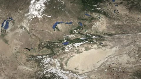 Route of a commercial plane flying to Almaty, Kazakhstan on the map, 3D Illustrazione stock