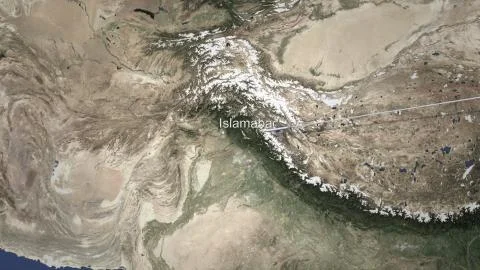 Route of a commercial plane flying to Islamabad, Pakistan on the map. 3D Illustrazione stock