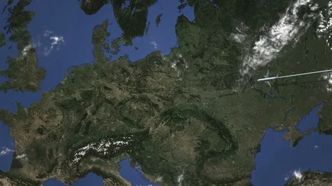 Route of a commercial plane flying to Leipzig, Germany on the map. Intro 3D Stock Footage 110619265
