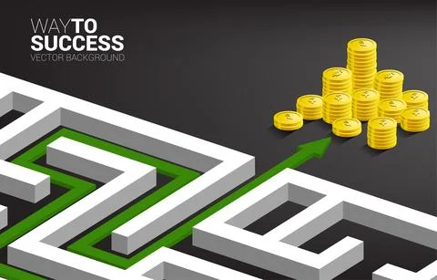 Route to Golden coin stack at exit of maze. Concept for business mission and  Stock Illustration