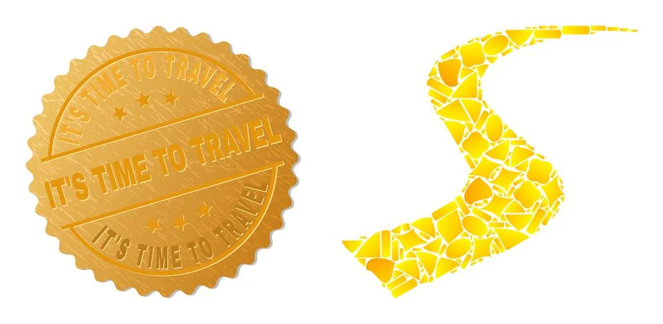 Route Icon Mosaic of Gold Elements and Metallic It'S Time to Travel Seal Stamp Stock Illustration
