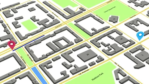 A route line from one point to another on an abstract city map.  Stock Footage 83393441