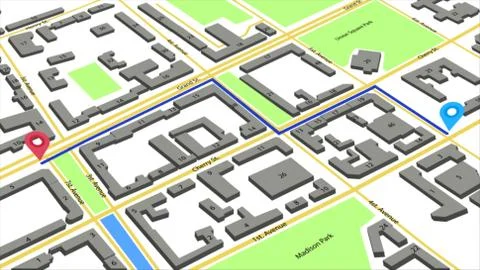 A route line from one point to another on an abstract city map. Stock Illustration