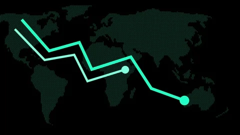 Route lines and dots over a world map showing global travel connection and .. Stock Footage 337175981