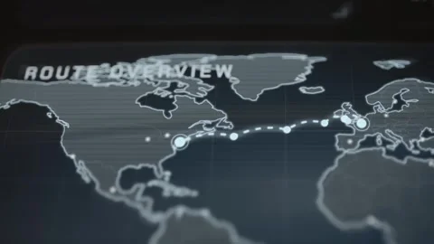 Route overview screen traces a bright undersea communications path Stock Footage 342482492