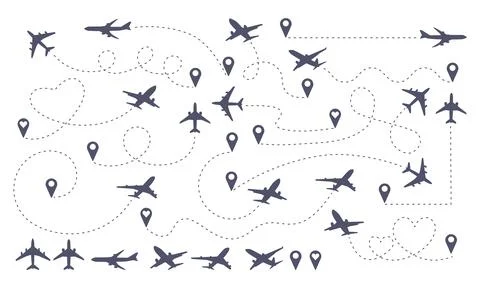 Route path. Airplane traffic. Dotted line track and map pins. Plane flight Stock Illustration