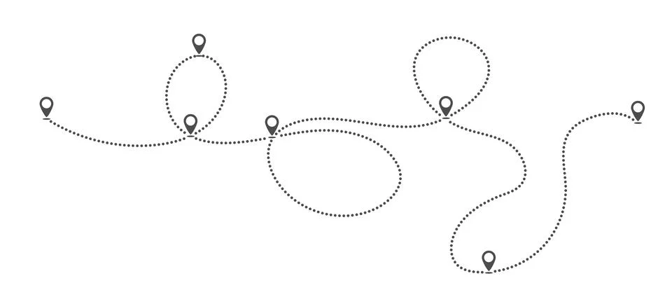 Route path icon is a dotted line. A route with a starting point of departure Ilustración de archivo