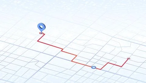 Route path with location markers displayed on isometric map grid showing Stock Illustration