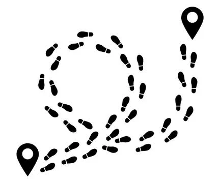 Route with pin map and human walking footprints shoes. Black silhouette feet  Stock Illustration