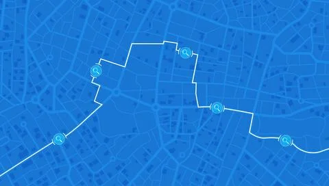 Route search on city map. Multiple location pins along the path. Detailed street Stock Illustration