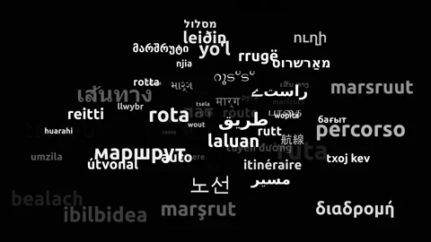 Route Translated in 66 Worldwide Languages Endless Looping 3d Zooming Wordclo Video stock 145223417