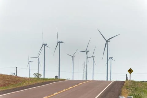 Route with windmills on the background Stock-Fotos