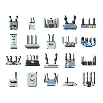 Router and modem devices creating wireless network connection icon set Stock Illustration