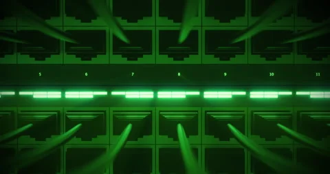 Router and switch ports with connected cables and active signals. Stock Footage 325839574