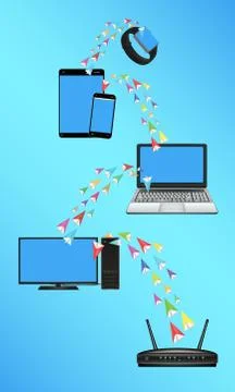 Router computer laptop smartphone transferring data Illustrazione stock