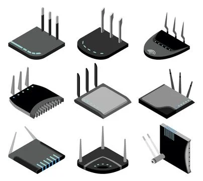 Router isometric icons set. Vector wifi routers, internet modem for web design Stock Illustration