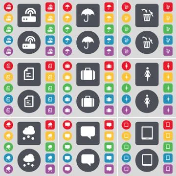 Router, Umbrella, Trash can, Text file, Suitcase, Silhouette, Cloud, Chat bubble Stock Illustration