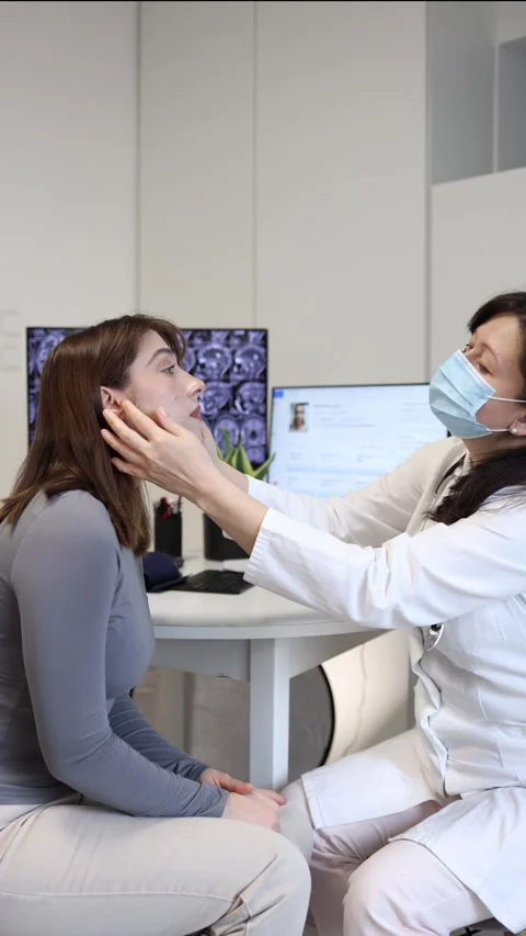 Routine throat examination in clinic Video stock 335522251