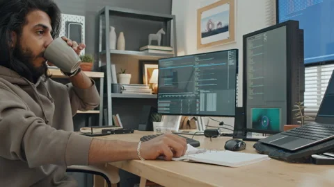 Routine Workday of Male Programmer in Fast Motion Stock Footage 255931479