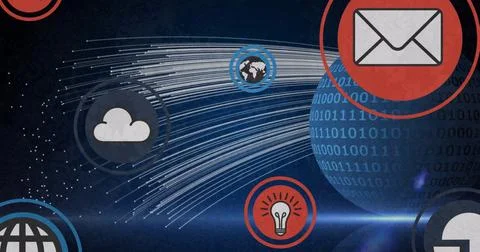Routing binary globe sending data streams in network, with envelope and cloud Stock Photos