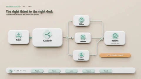 Routing UI on beige sending teal pulse from Ticket to Classify to Technical, for Stock Footage 341865105