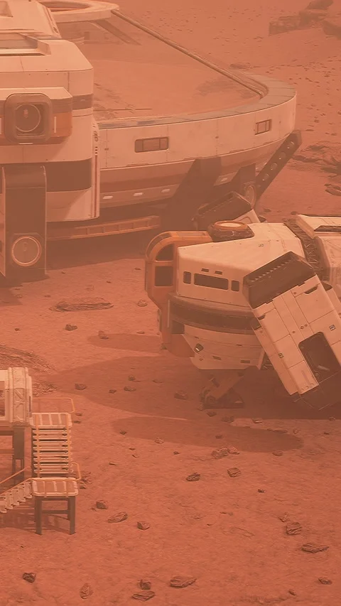 Rover and habitat module on Martian surface during dust storm Stock Footage 338385074