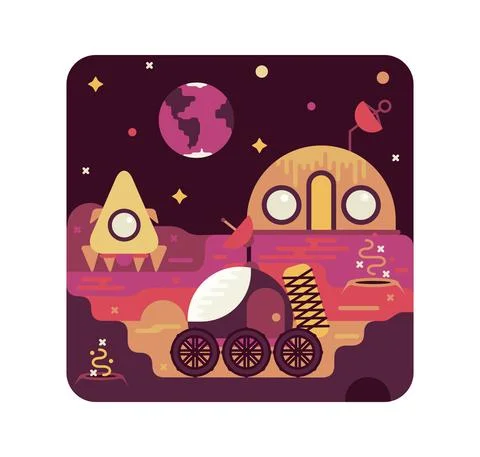 Rover and rocket next to space base - vector cartoon illustration in flat stile Stock Illustration