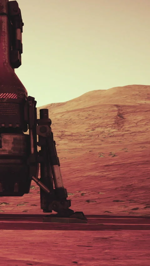 Rover explores the surface of Mars under a dusty orange sky in early morning Stock Footage 339783512