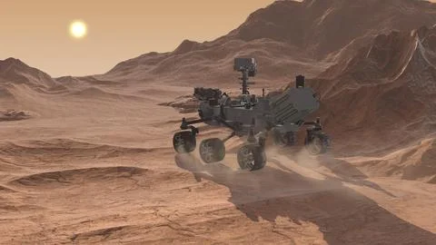 A rover roaming and exploring the surface of Mars Stock Illustration