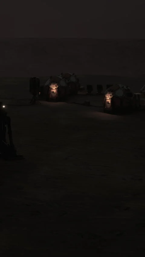 Rovers explore dark landscape on Mars during nighttime Stock Footage 342108786