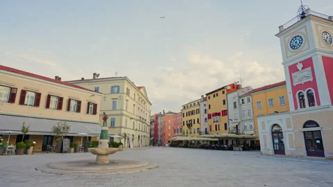 Rovinj Main Square and Clock Tower at Sunset Croatia Stock Footage 340359871