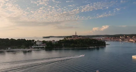 Rovinj old town and St. Catherine Island at golden hour in Istria Stock Footage 346609627