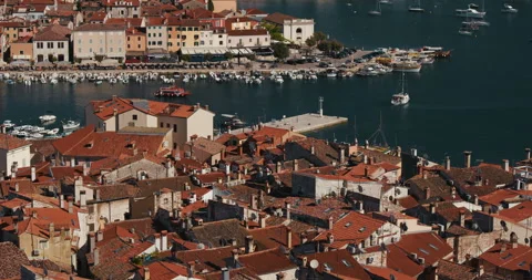 Rovinj Old Town Rooftops and Harbor View Video stock 335838695