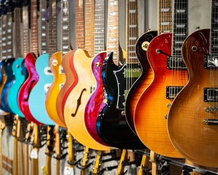Row of acoustic and electric guitars different color in a music instruments shop Stock Photos