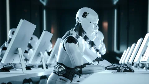 A Row Of AI Robot People Working in an Office Room Artificial Intelligence Stock Footage 243940242