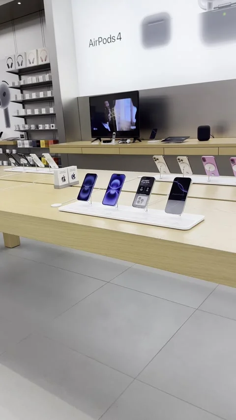 A row of all of the new models of the iPhone 16 at an Apple store. Stock Footage 286727085