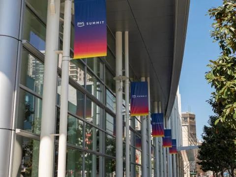 Row of Amazon Web Services (AWS) Summit banners in San Francisco at the Mosco Stock Photos