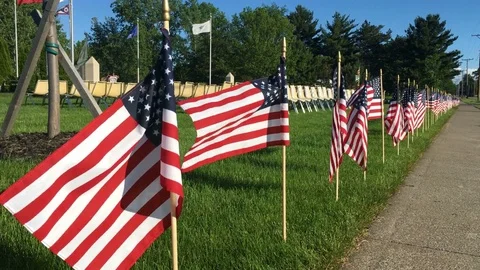 Row of American Flags in a field on beautiful warms summer afternoon Stock Footage 76775292