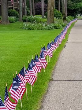Row Of American Flags in Yard Stock Photos