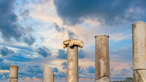 A row of ancient Ionic columns at Patara archaeological site, Antalya, Turkey Stock Photos