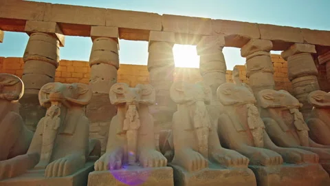Row of ancient ram headed sphinx statues aligned in front of massive stone Stock Footage 324859662