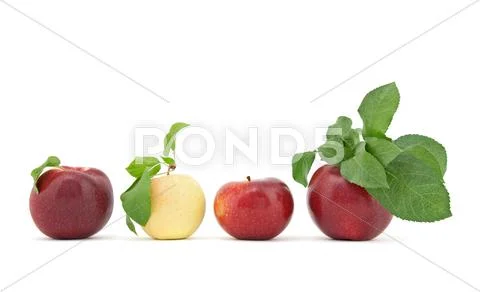 Row of apples with leaves on white background Stock Photos